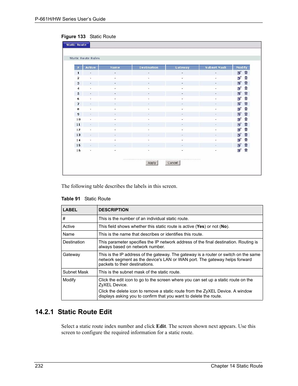1 static route edit, Figure 133 static route, Table 91 static route | ZyXEL Communications P-661H Series User Manual | Page 232 / 383