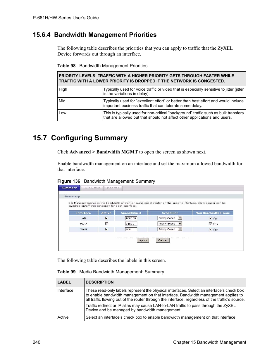 4 bandwidth management priorities, 7 configuring summary, Figure 136 bandwidth management: summary | N (see | ZyXEL Communications P-661H Series User Manual | Page 240 / 383