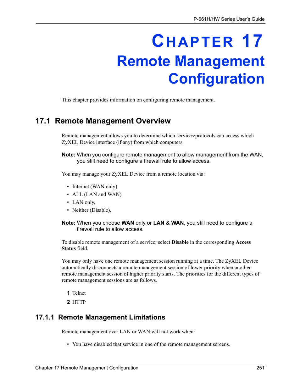 Remote management configuration, 1 remote management overview, 1 remote management limitations | Chapter 17 remote management configuration | ZyXEL Communications P-661H Series User Manual | Page 251 / 383