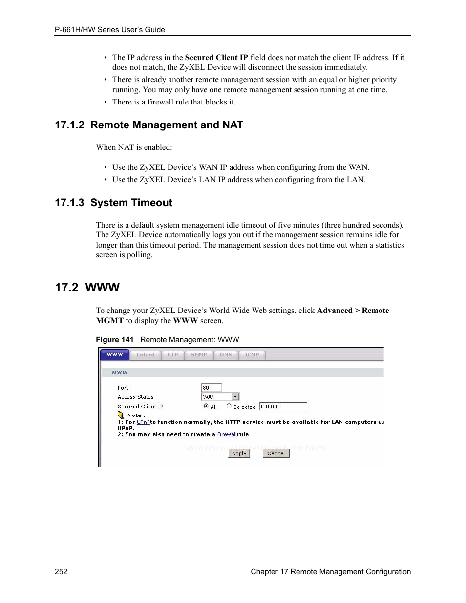 2 remote management and nat, 3 system timeout, 2 www | 2 remote management and nat 17.1.3 system timeout, Figure 141 remote management: www | ZyXEL Communications P-661H Series User Manual | Page 252 / 383