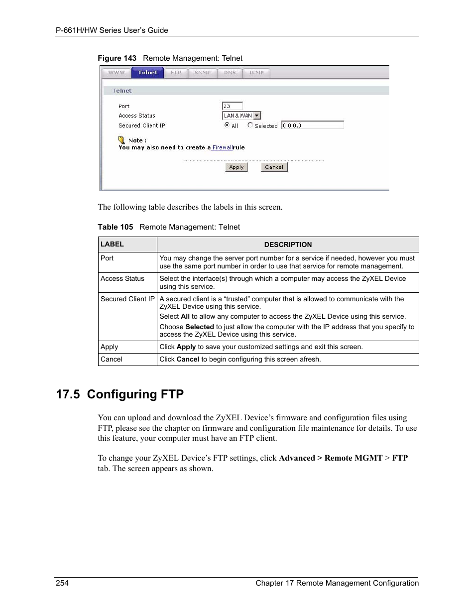 5 configuring ftp, Figure 143 remote management: telnet, Table 105 remote management: telnet | ZyXEL Communications P-661H Series User Manual | Page 254 / 383