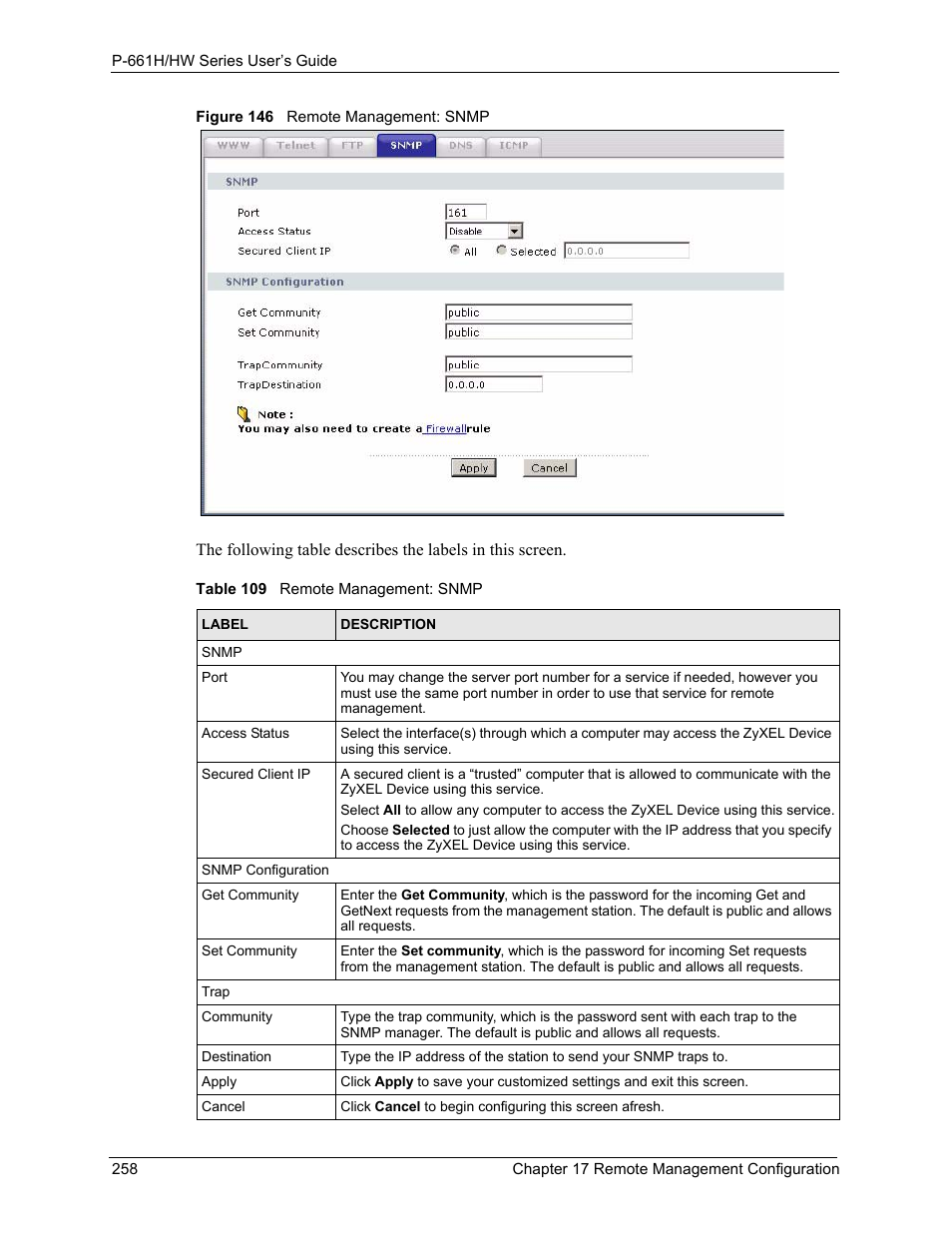 Figure 146 remote management: snmp, Table 109 remote management: snmp | ZyXEL Communications P-661H Series User Manual | Page 258 / 383
