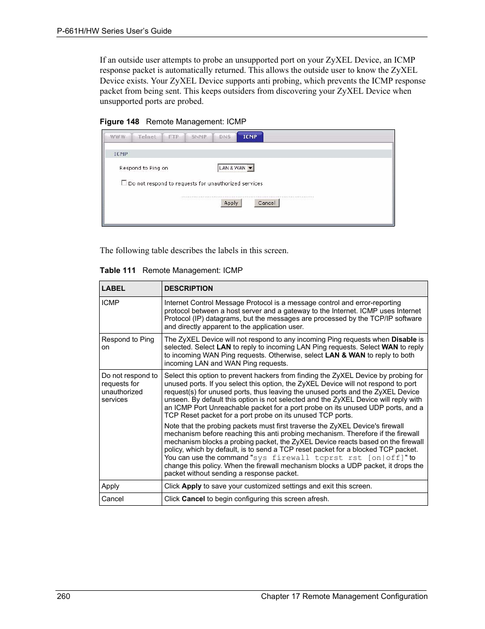 Figure 148 remote management: icmp, Table 111 remote management: icmp | ZyXEL Communications P-661H Series User Manual | Page 260 / 383