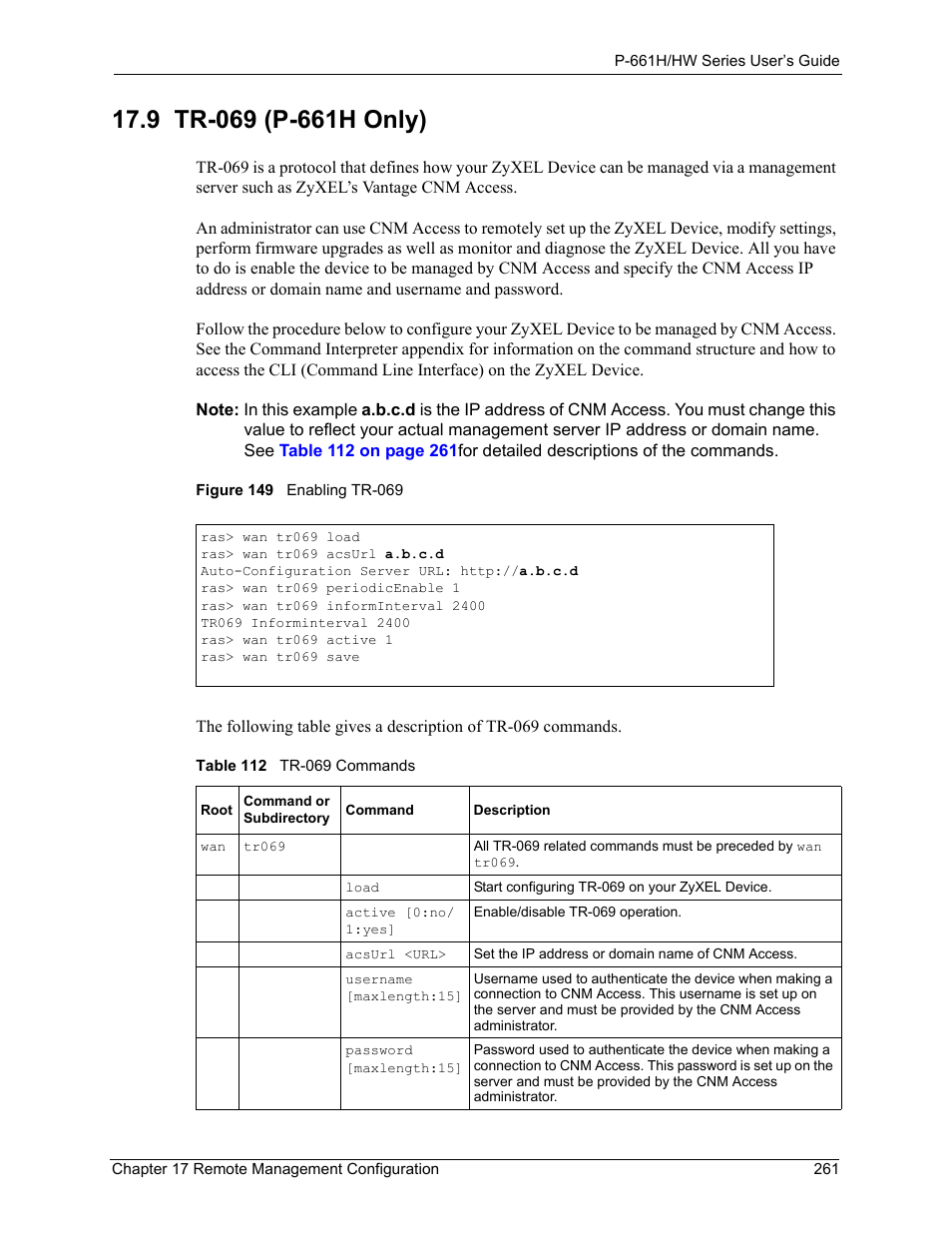 9 tr-069 (p-661h only), Figure 149 enabling tr-069, Table 112 tr-069 commands | ZyXEL Communications P-661H Series User Manual | Page 261 / 383