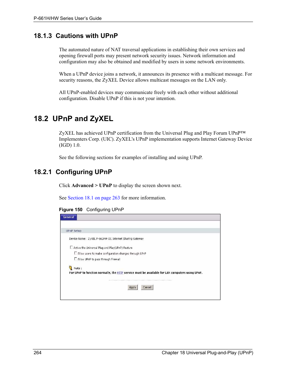 3 cautions with upnp, 2 upnp and zyxel, 1 configuring upnp | Figure 150 configuring upnp | ZyXEL Communications P-661H Series User Manual | Page 264 / 383