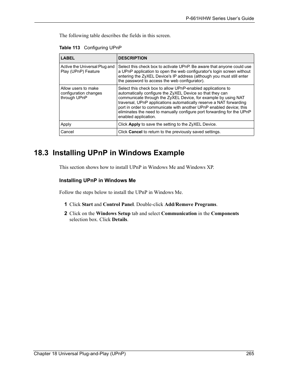 3 installing upnp in windows example, Table 113 configuring upnp | ZyXEL Communications P-661H Series User Manual | Page 265 / 383