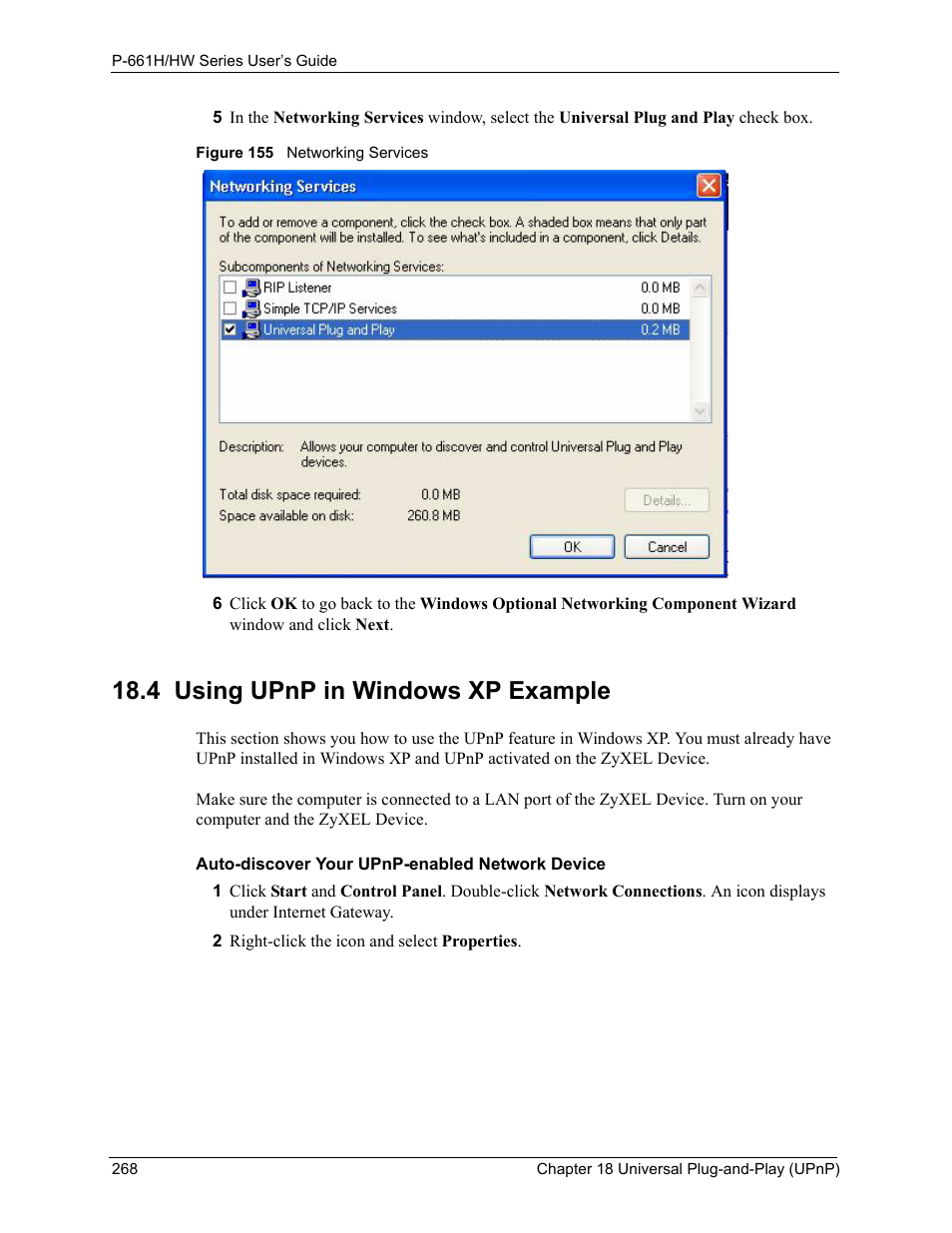 4 using upnp in windows xp example, Figure 155 networking services | ZyXEL Communications P-661H Series User Manual | Page 268 / 383