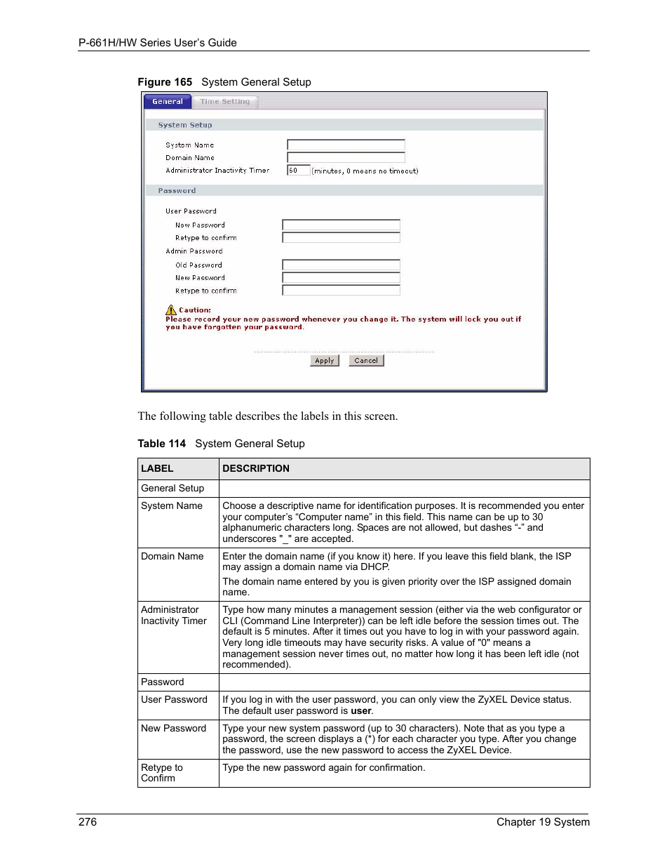 Figure 165 system general setup, Table 114 system general setup | ZyXEL Communications P-661H Series User Manual | Page 276 / 383