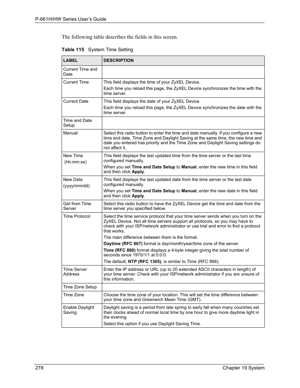 Table 115 system time setting | ZyXEL Communications P-661H Series User Manual | Page 278 / 383