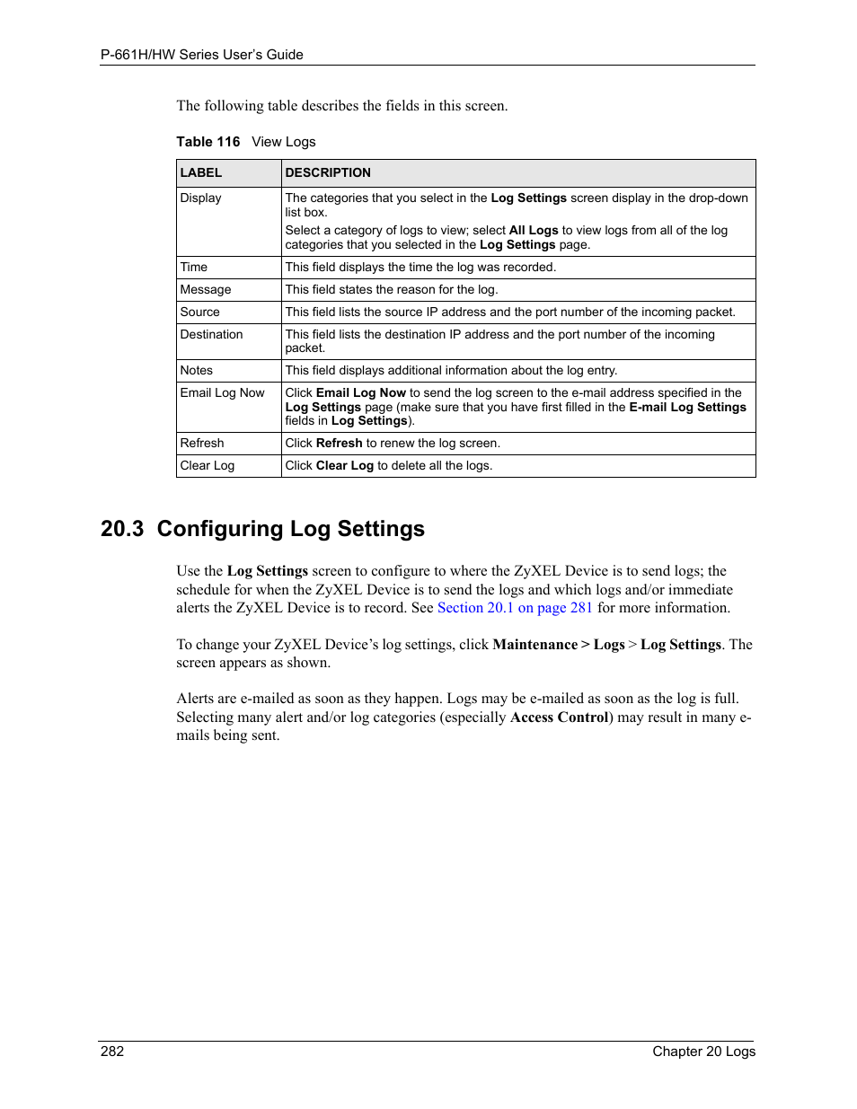 3 configuring log settings, Table 116 view logs | ZyXEL Communications P-661H Series User Manual | Page 282 / 383
