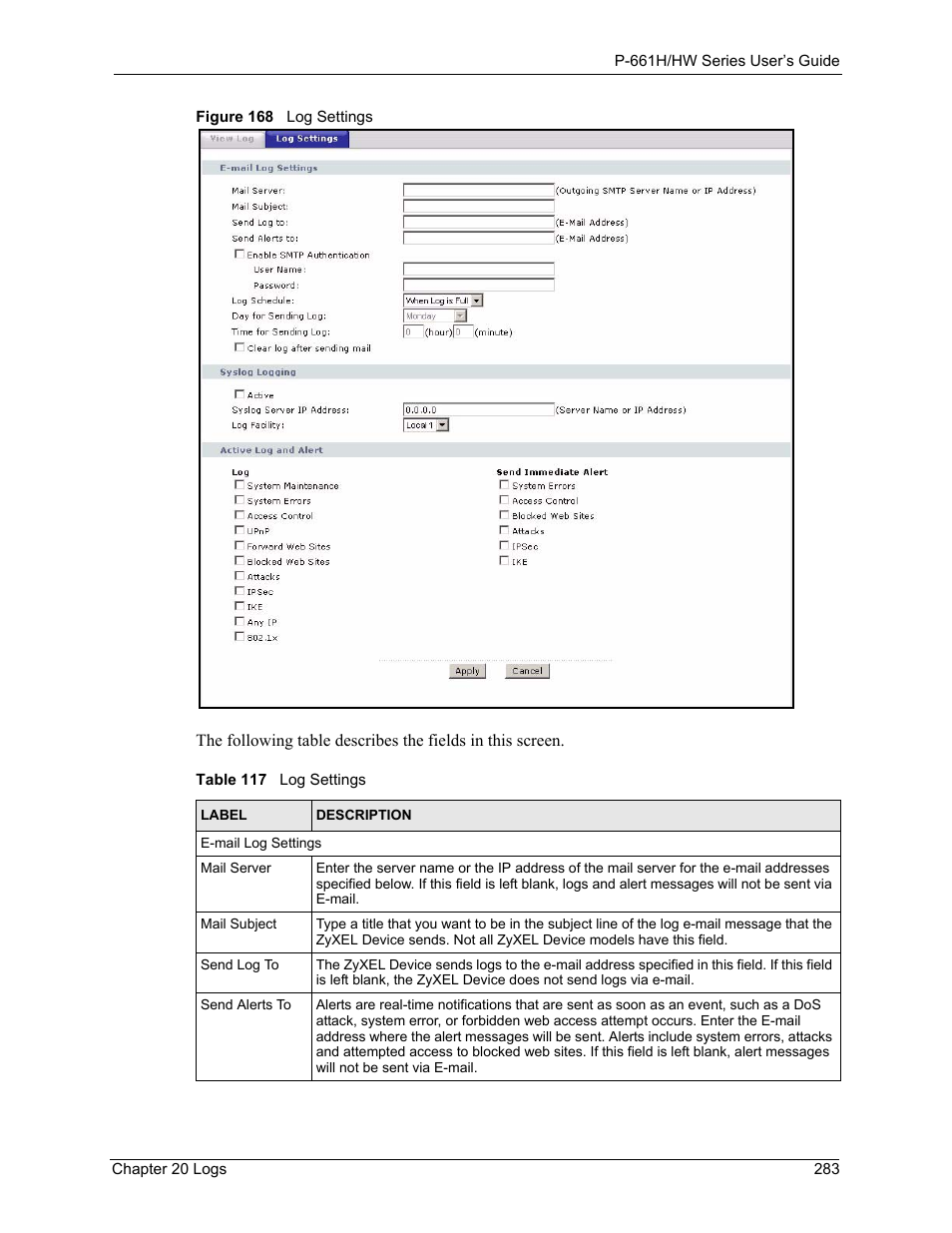 Figure 168 log settings, Table 117 log settings | ZyXEL Communications P-661H Series User Manual | Page 283 / 383