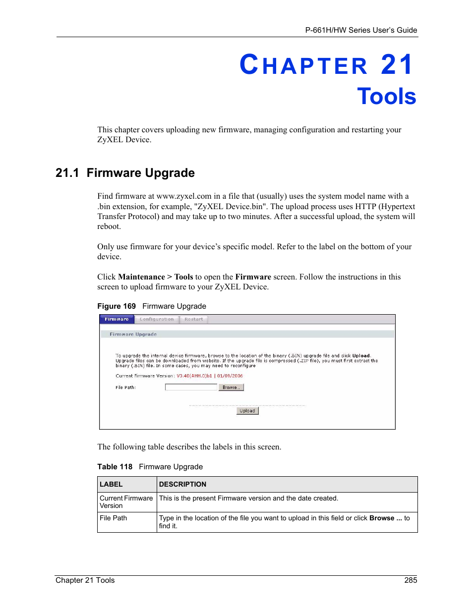 Tools, 1 firmware upgrade, Chapter 21 tools | Figure 169 firmware upgrade, Table 118 firmware upgrade | ZyXEL Communications P-661H Series User Manual | Page 285 / 383