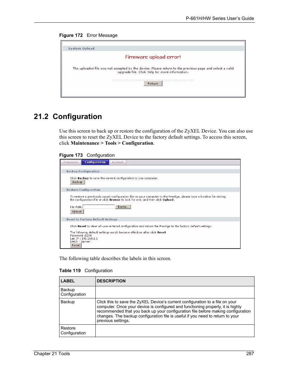 2 configuration, Figure 172 error message figure 173 configuration, Table 119 configuration | ZyXEL Communications P-661H Series User Manual | Page 287 / 383