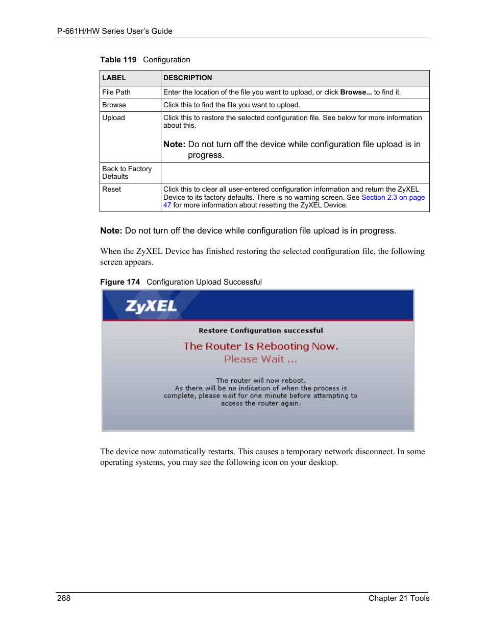 Figure 174 configuration upload successful | ZyXEL Communications P-661H Series User Manual | Page 288 / 383