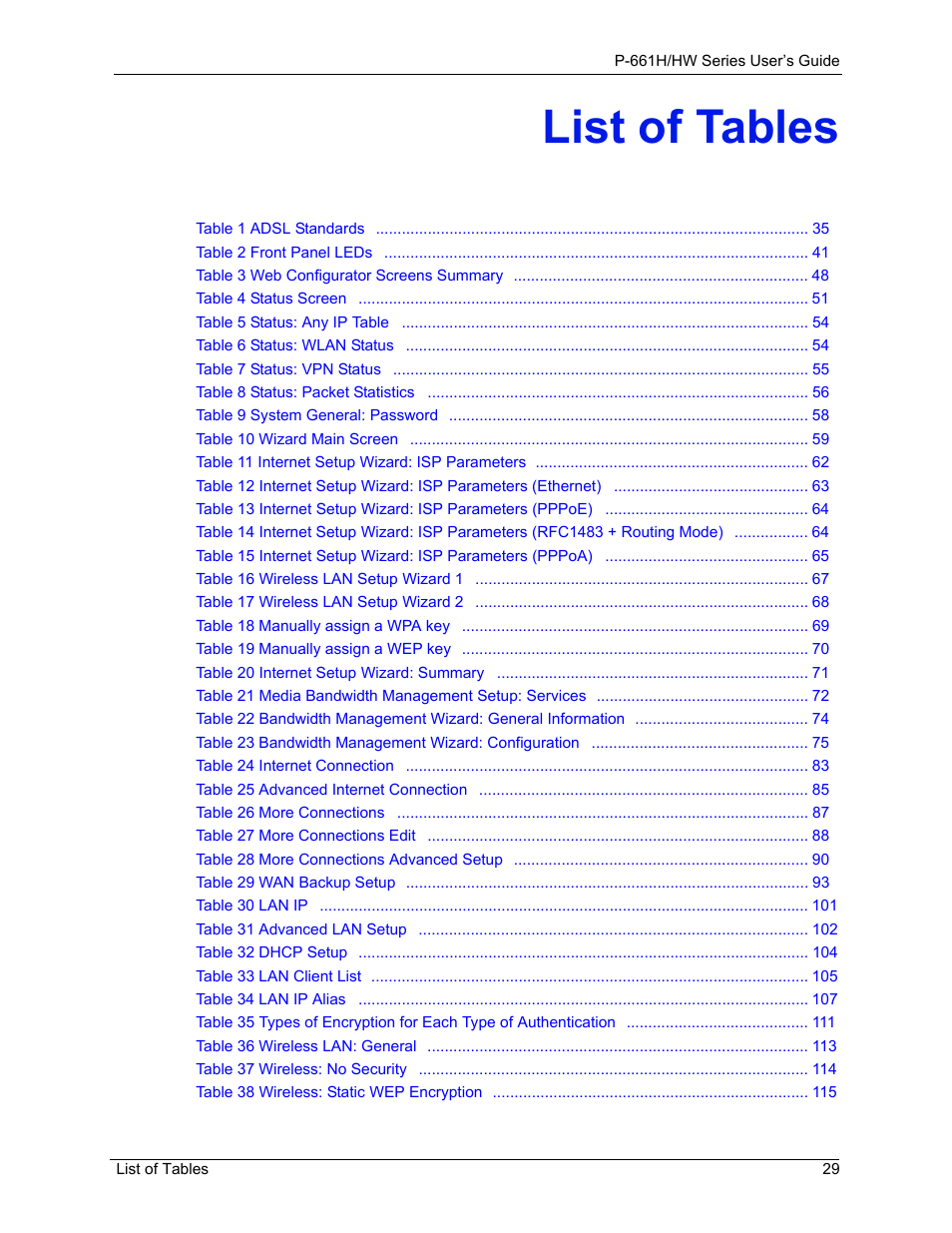 List of tables | ZyXEL Communications P-661H Series User Manual | Page 29 / 383