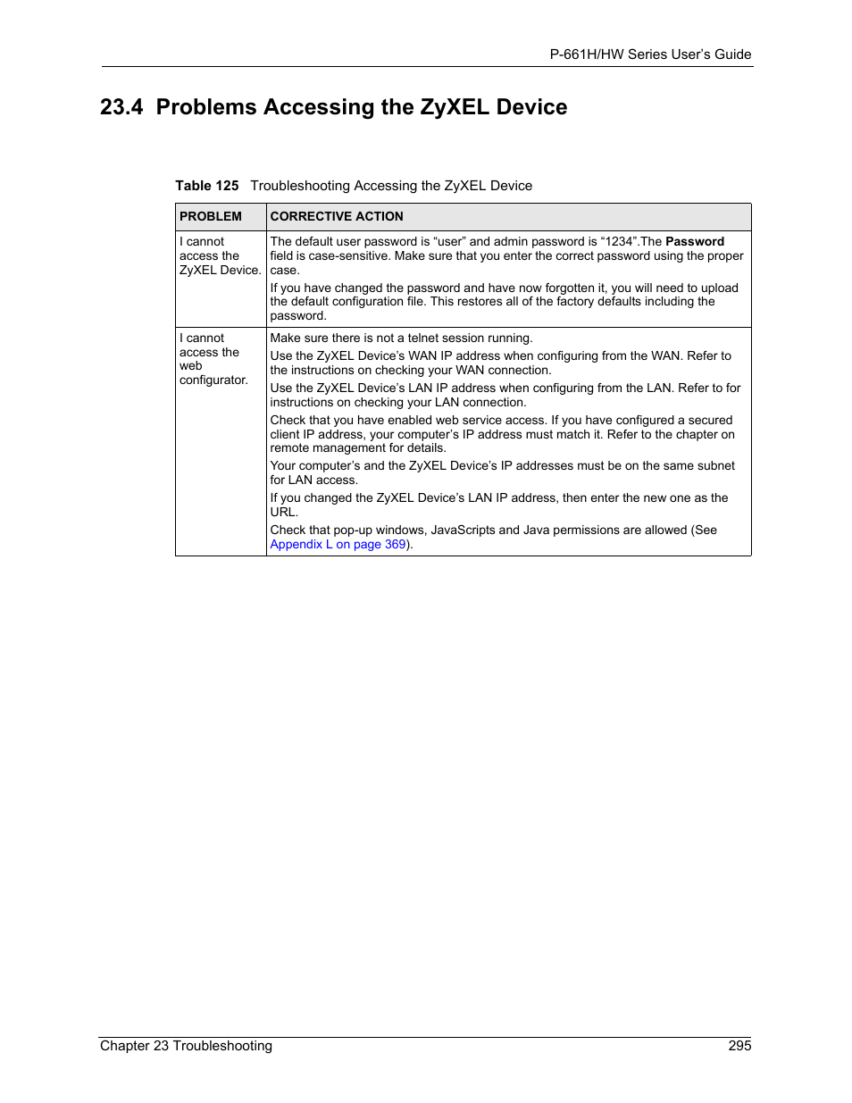 4 problems accessing the zyxel device | ZyXEL Communications P-661H Series User Manual | Page 295 / 383