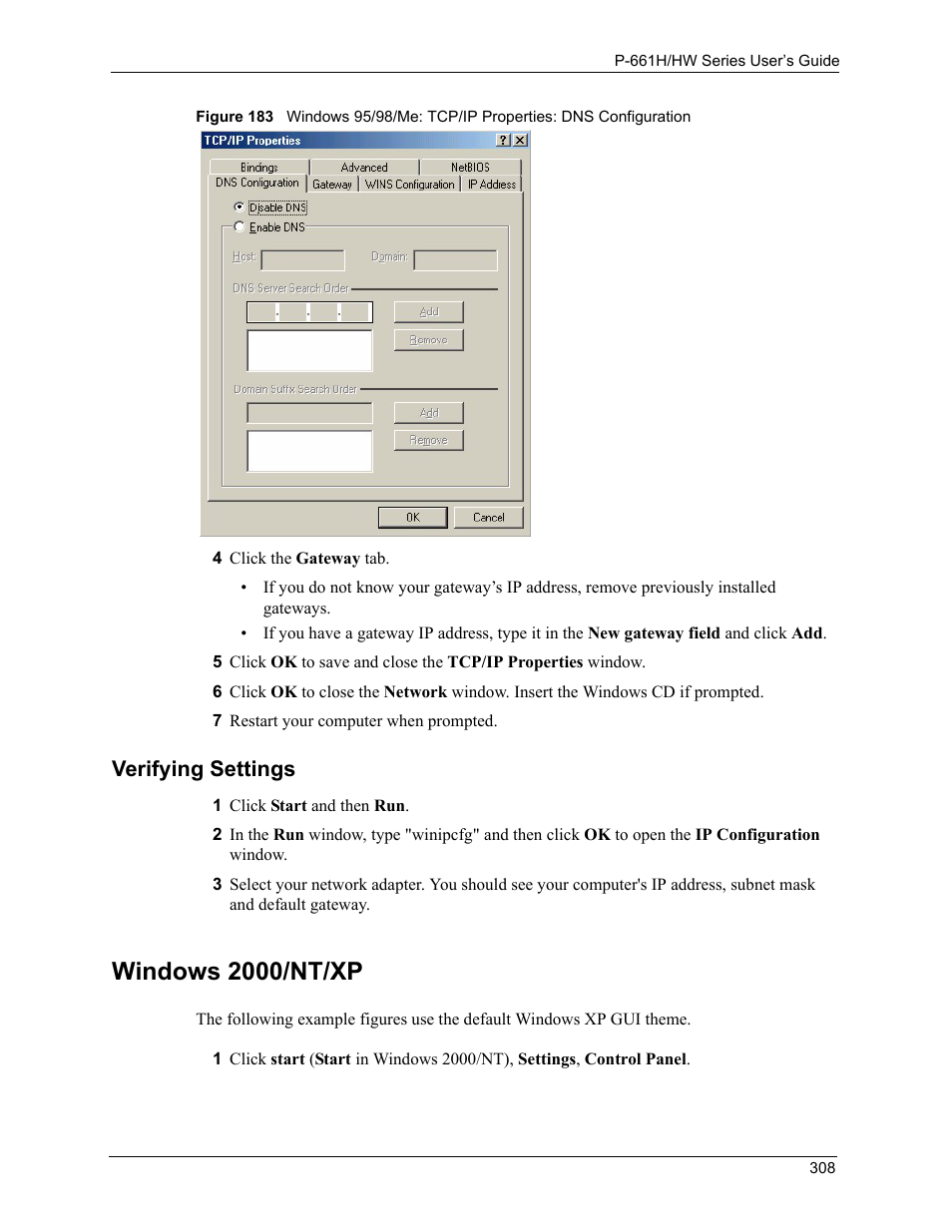 Windows 2000/nt/xp, Verifying settings | ZyXEL Communications P-661H Series User Manual | Page 308 / 383