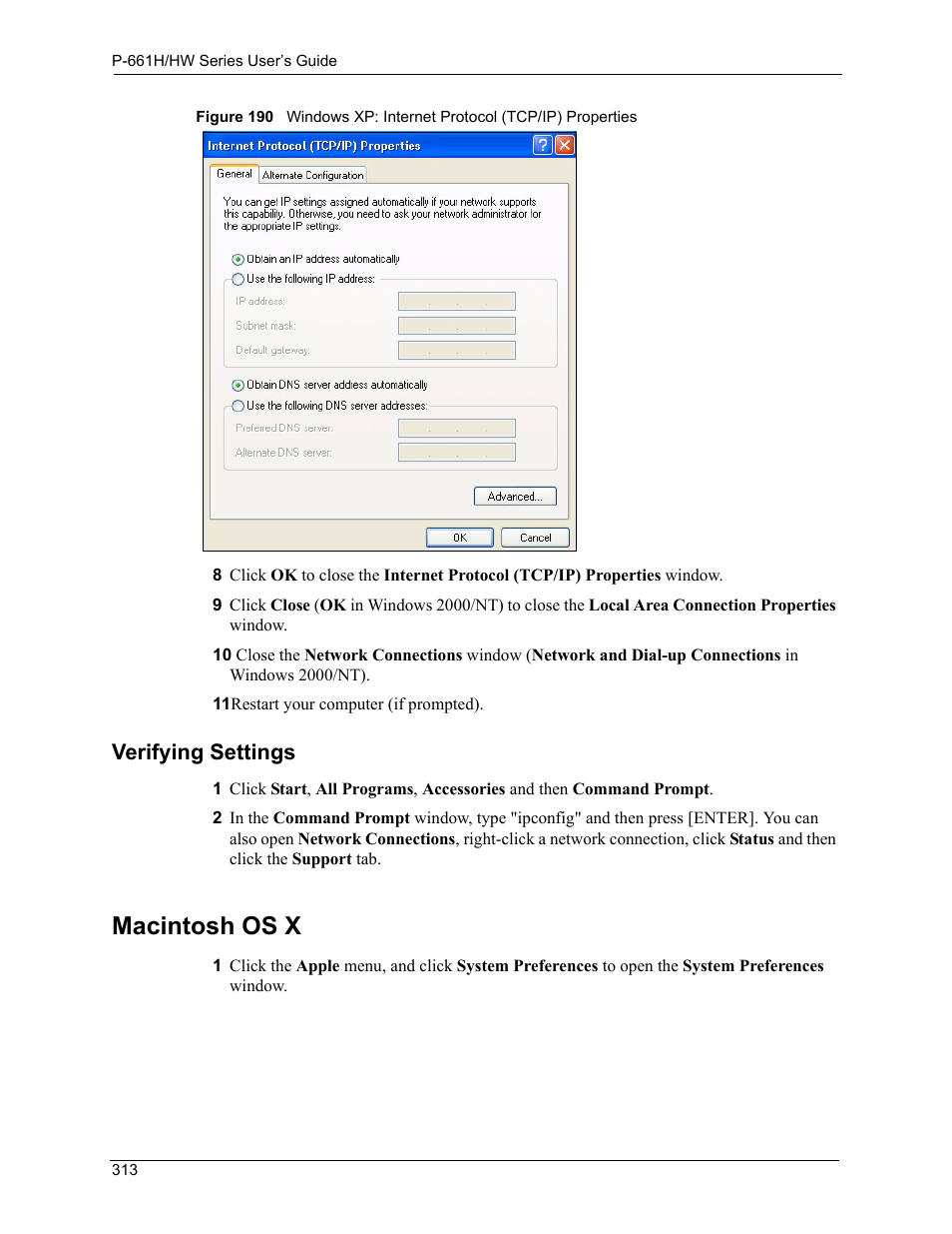 Macintosh os x, Verifying settings | ZyXEL Communications P-661H Series User Manual | Page 313 / 383