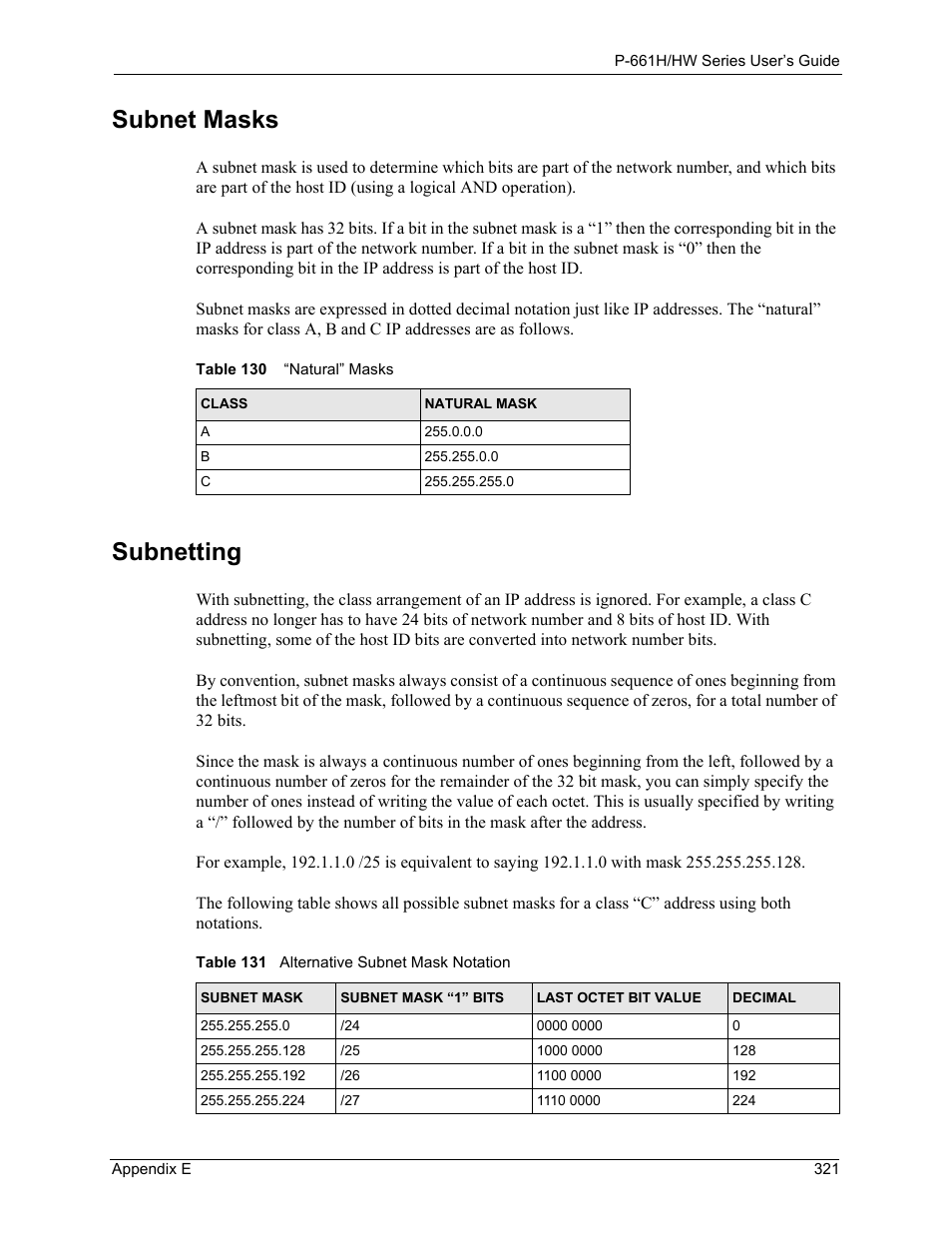 Subnet masks subnetting, Subnet masks, Subnetting | ZyXEL Communications P-661H Series User Manual | Page 321 / 383