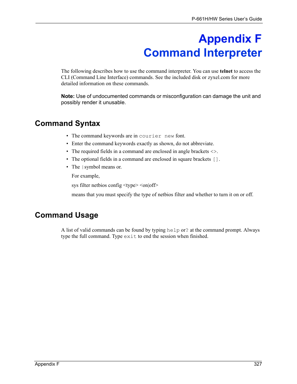 Command interpreter, Appendix f command interpreter, Command syntax command usage | Command syntax, Command usage | ZyXEL Communications P-661H Series User Manual | Page 327 / 383