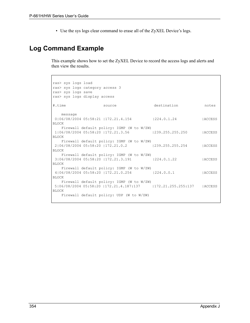 Log command example | ZyXEL Communications P-661H Series User Manual | Page 354 / 383