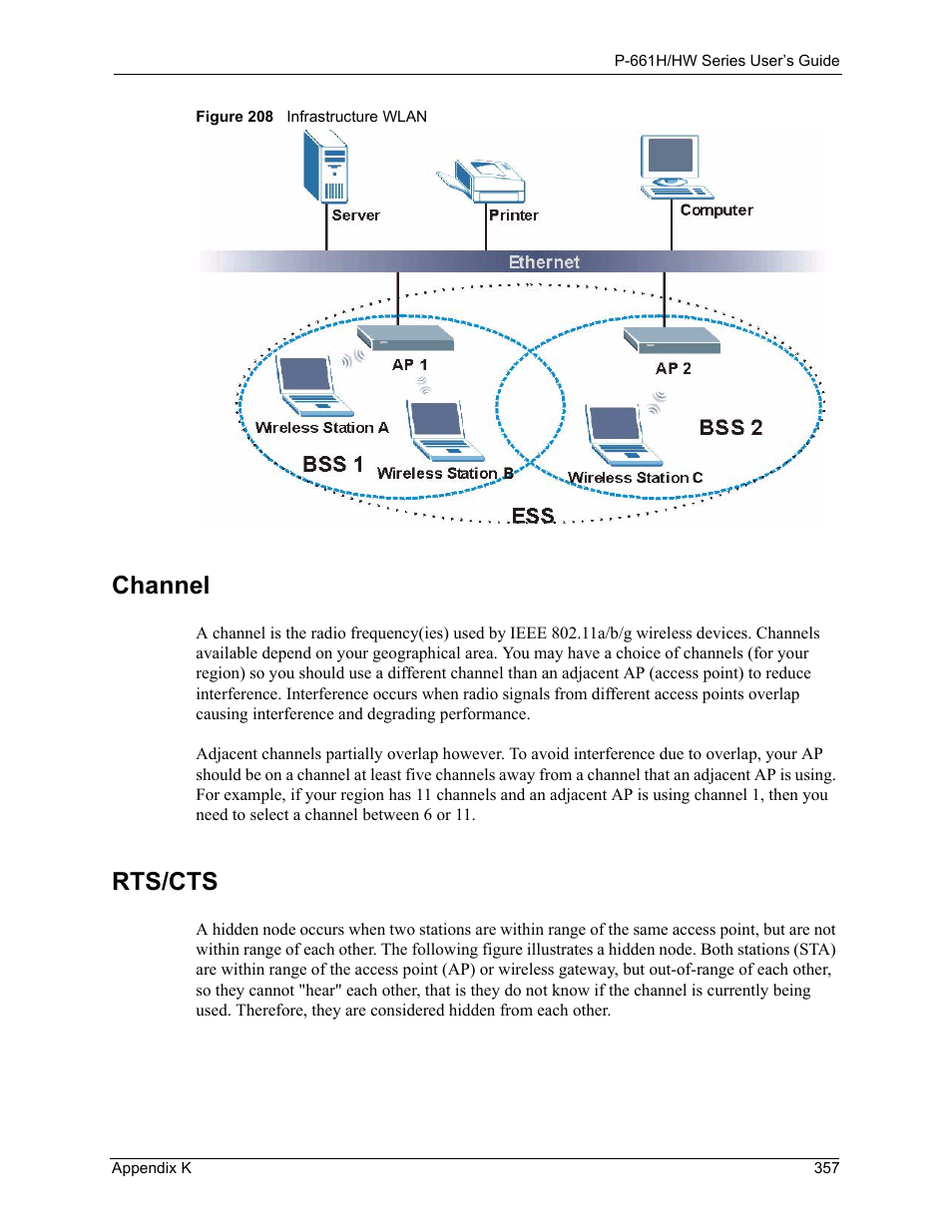 Channel rts/cts, Figure 208 infrastructure wlan, Channel | Rts/cts | ZyXEL Communications P-661H Series User Manual | Page 357 / 383