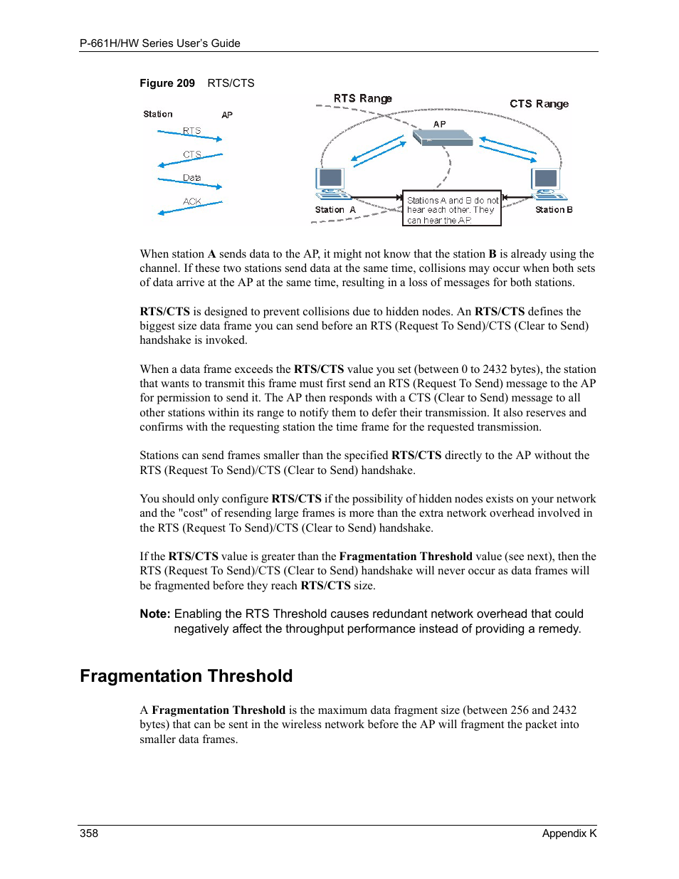 Fragmentation threshold, Figure 209 rts/cts | ZyXEL Communications P-661H Series User Manual | Page 358 / 383