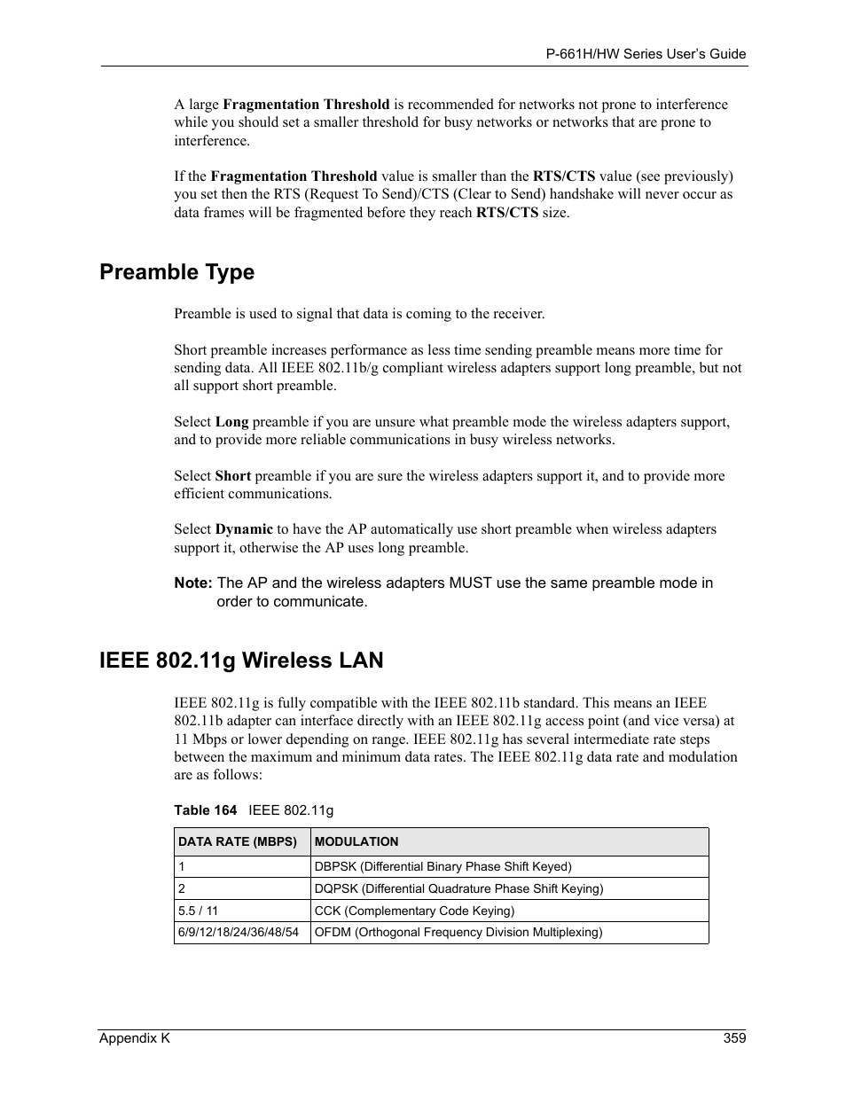 Preamble type ieee 802.11g wireless lan, Table 164 ieee 802.11g, Preamble type | ZyXEL Communications P-661H Series User Manual | Page 359 / 383