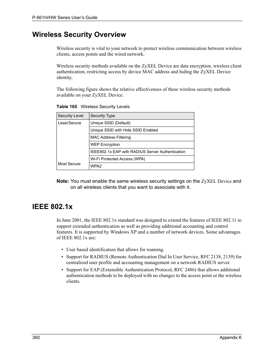 Wireless security overview ieee 802.1x, Table 165 wireless security levels, Wireless security overview | Ieee 802.1x | ZyXEL Communications P-661H Series User Manual | Page 360 / 383