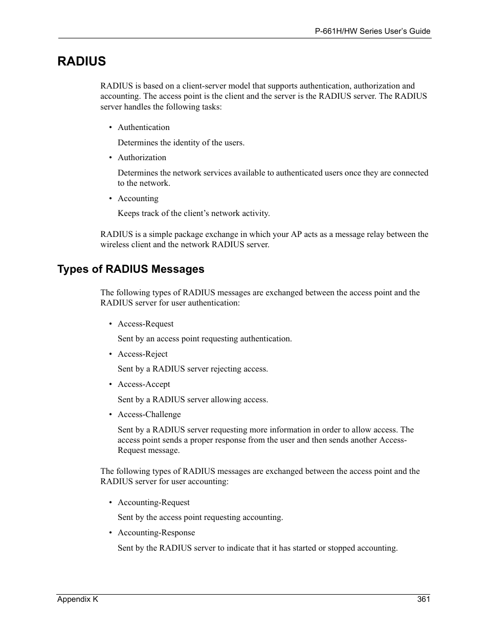 Radius, Types of radius messages | ZyXEL Communications P-661H Series User Manual | Page 361 / 383
