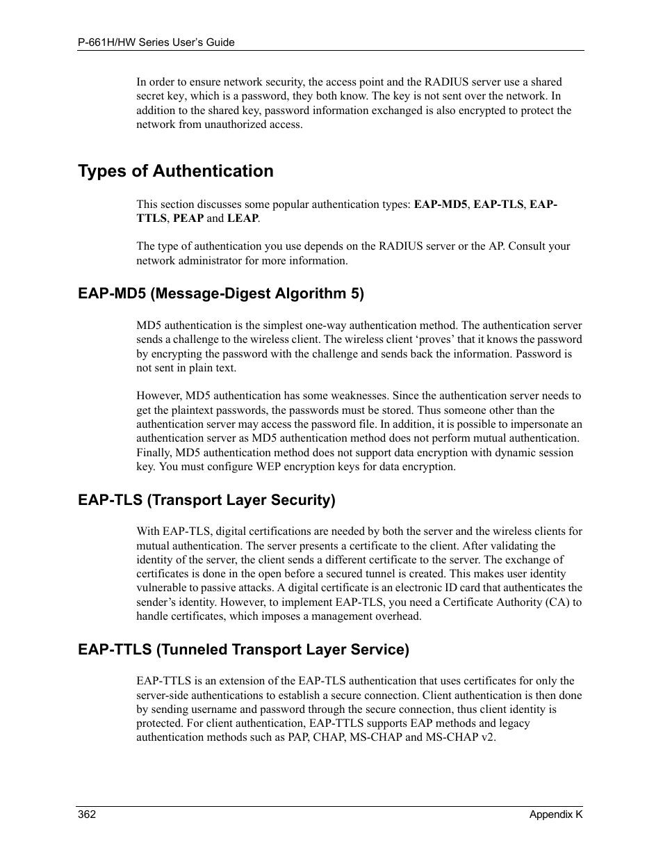 Types of authentication | ZyXEL Communications P-661H Series User Manual | Page 362 / 383