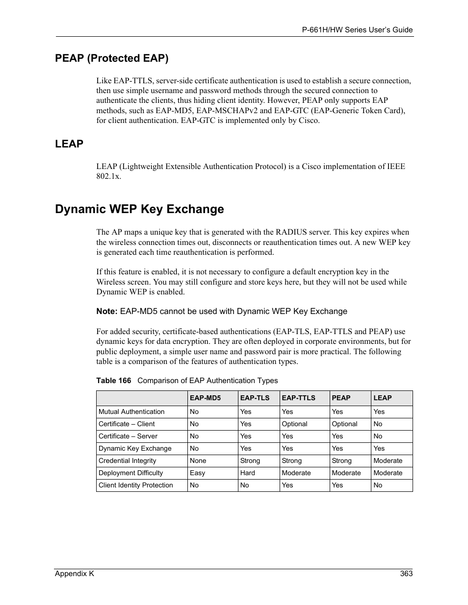 Dynamic wep key exchange, Table 166 comparison of eap authentication types, Peap (protected eap) | Leap | ZyXEL Communications P-661H Series User Manual | Page 363 / 383