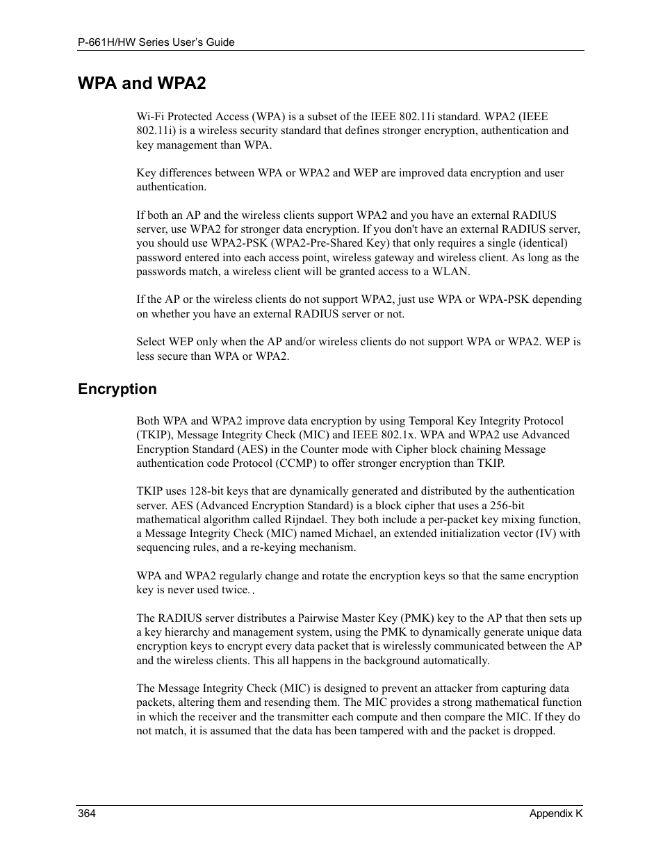 Wpa and wpa2, Encryption | ZyXEL Communications P-661H Series User Manual | Page 364 / 383