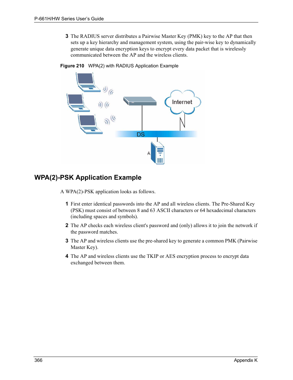 Figure 210 wpa(2) with radius application example, Wpa(2)-psk application example | ZyXEL Communications P-661H Series User Manual | Page 366 / 383