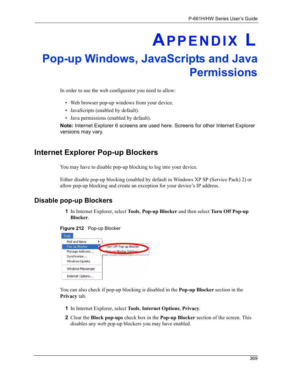 Pop-up windows, javascripts and java permissions, Figure 212 pop-up blocker | ZyXEL Communications P-661H Series User Manual | Page 369 / 383