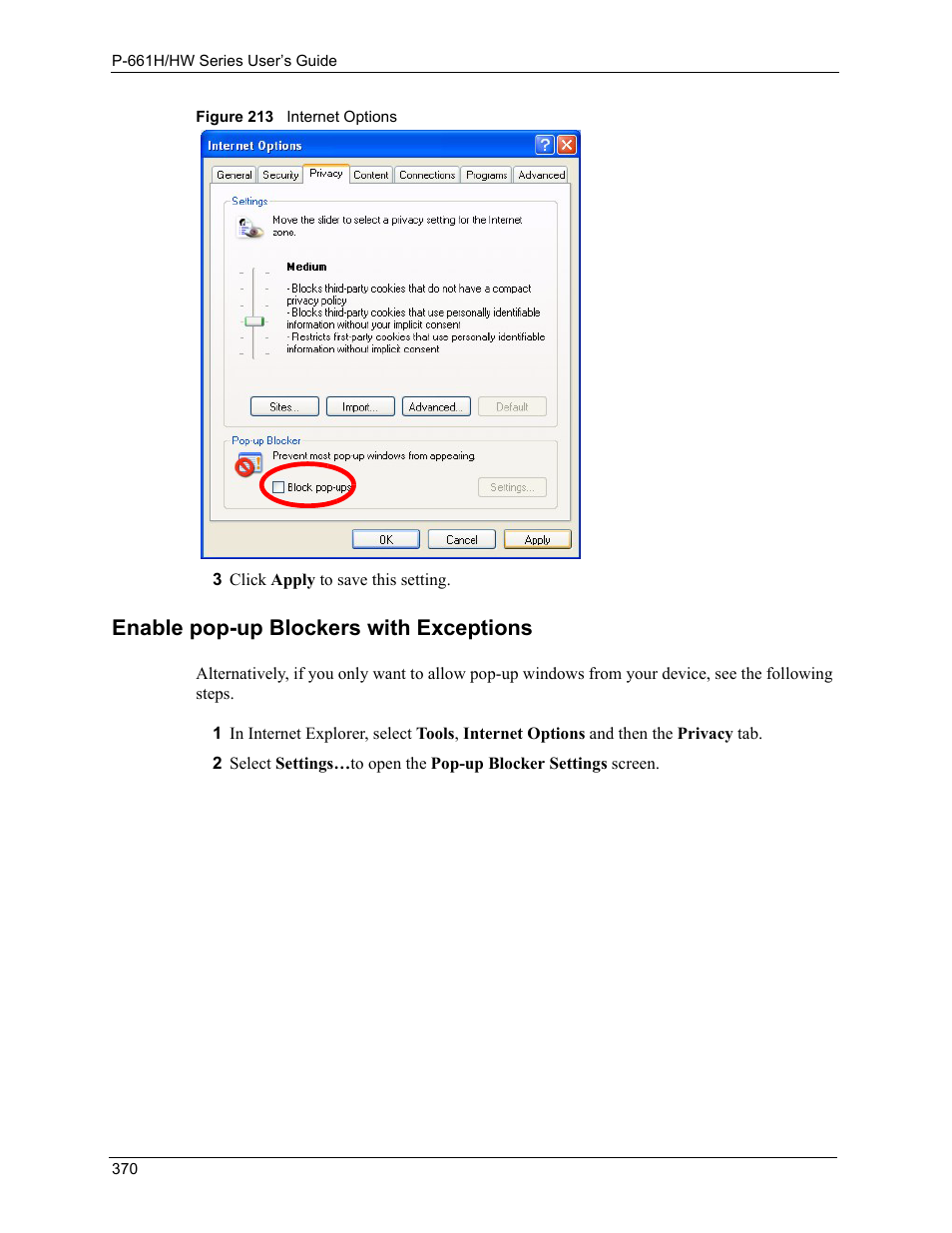 Figure 213 internet options, Enable pop-up blockers with exceptions | ZyXEL Communications P-661H Series User Manual | Page 370 / 383