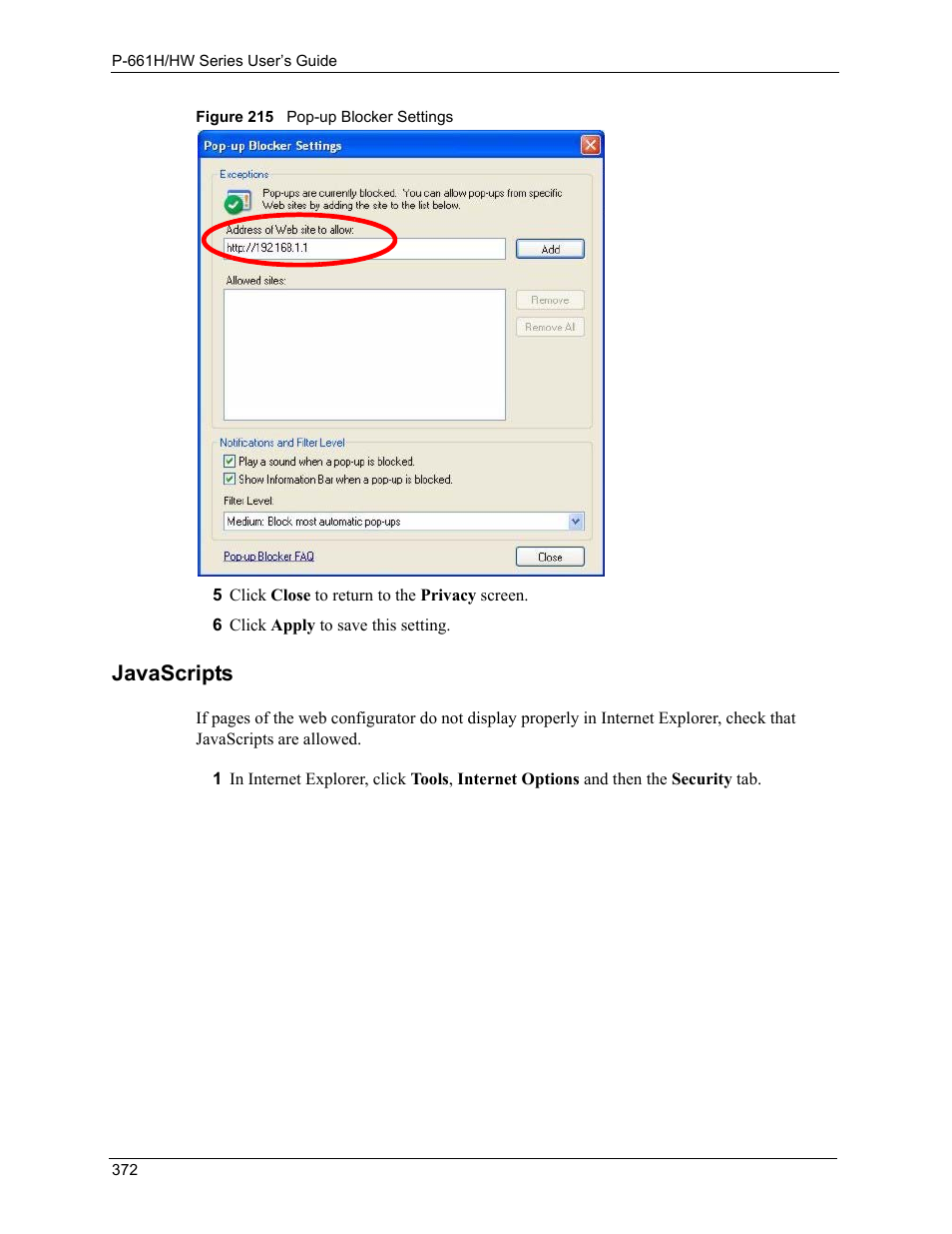 Figure 215 pop-up blocker settings, Javascripts | ZyXEL Communications P-661H Series User Manual | Page 372 / 383