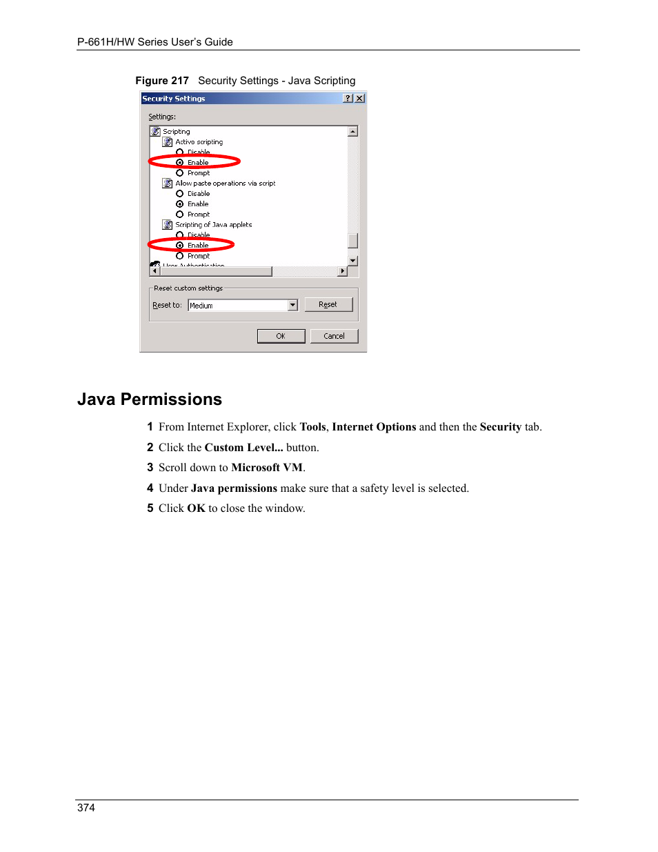 Figure 217 security settings - java scripting, Java permissions | ZyXEL Communications P-661H Series User Manual | Page 374 / 383