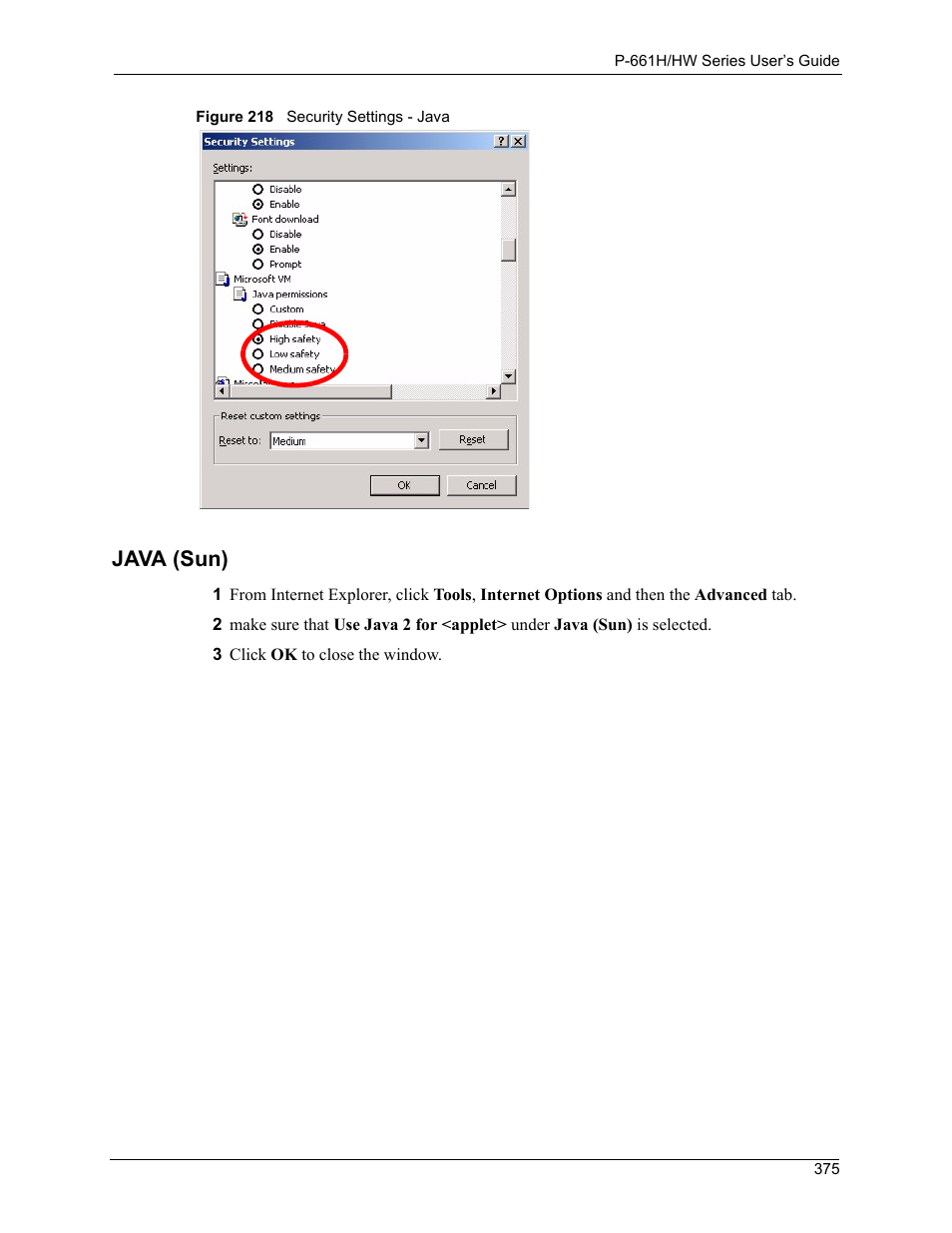 Figure 218 security settings - java, Java (sun) | ZyXEL Communications P-661H Series User Manual | Page 375 / 383