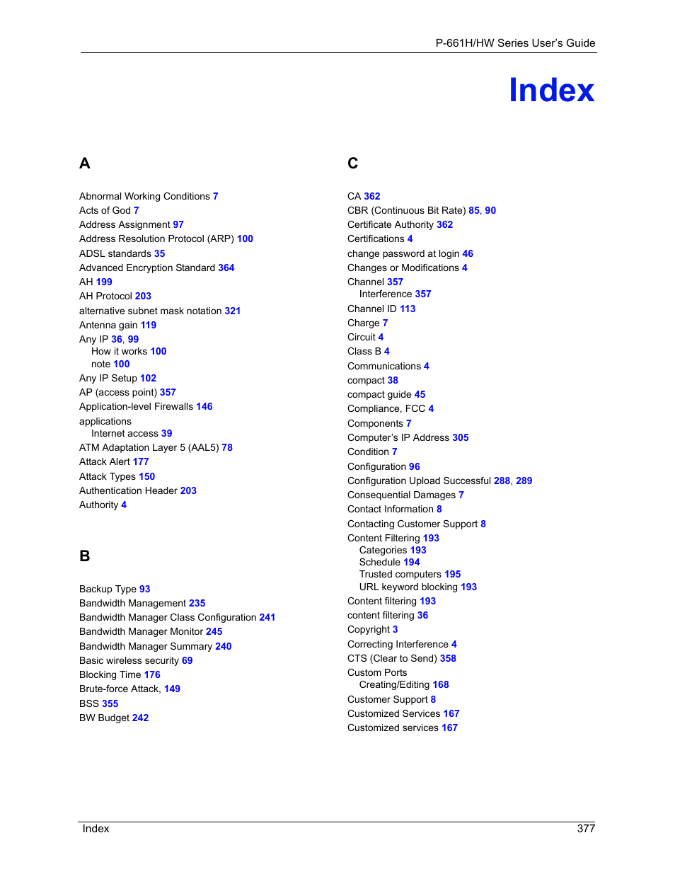 Index | ZyXEL Communications P-661H Series User Manual | Page 377 / 383