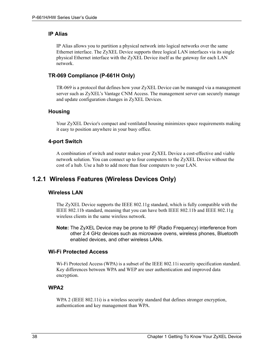 1 wireless features (wireless devices only) | ZyXEL Communications P-661H Series User Manual | Page 38 / 383