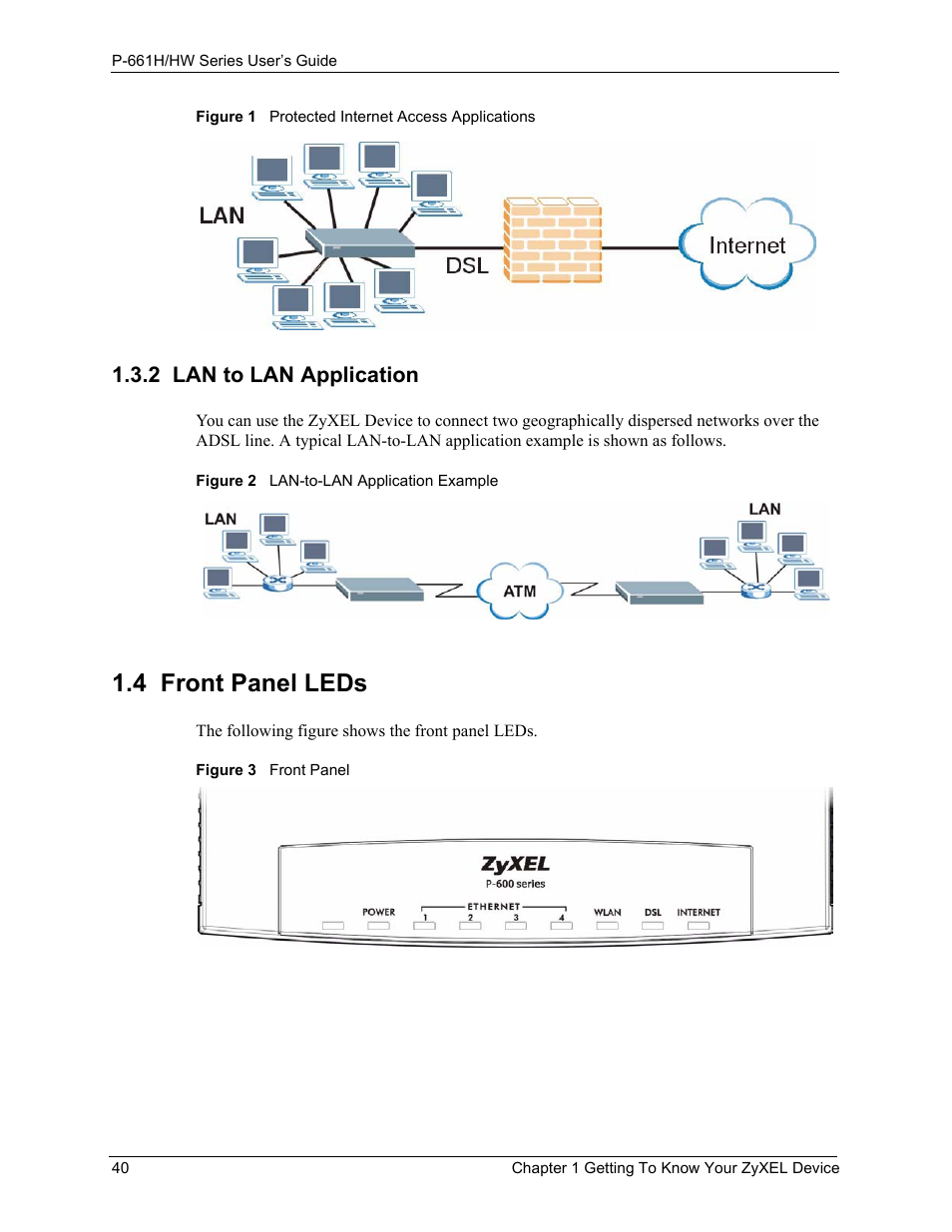 2 lan to lan application, 4 front panel leds | ZyXEL Communications P-661H Series User Manual | Page 40 / 383