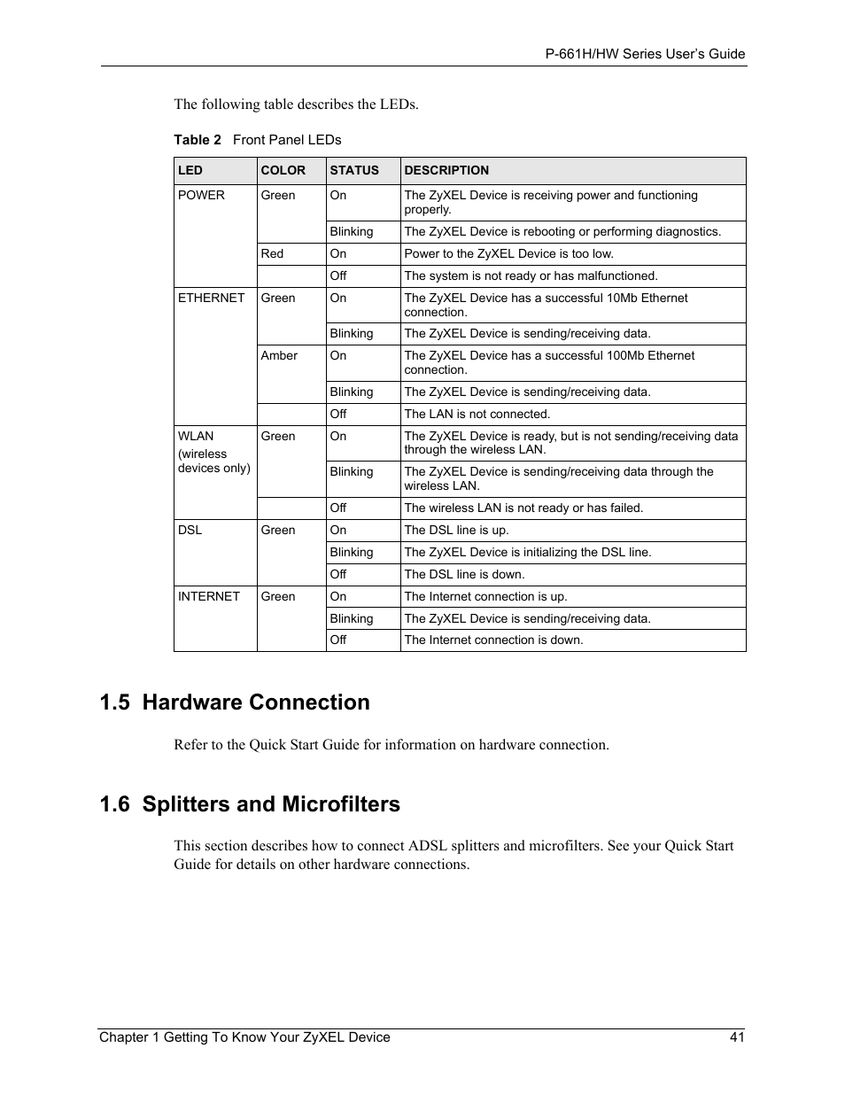 5 hardware connection, 6 splitters and microfilters, Table 2 front panel leds | ZyXEL Communications P-661H Series User Manual | Page 41 / 383