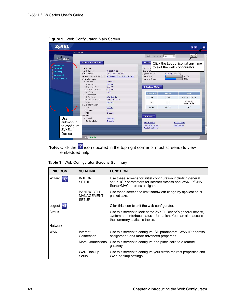 Figure 9 web configurator: main screen, Table 3 web configurator screens summary | ZyXEL Communications P-661H Series User Manual | Page 48 / 383