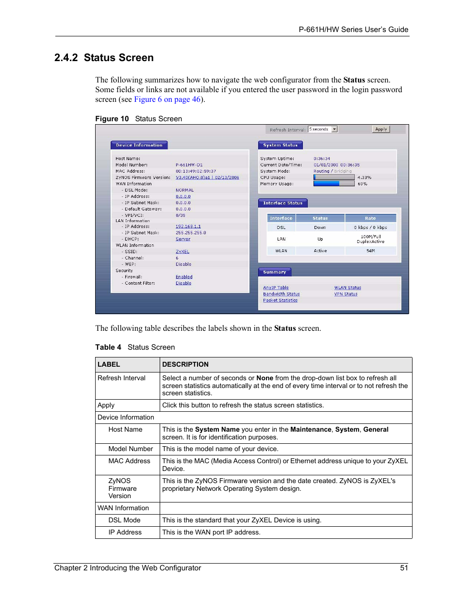 2 status screen, Figure 10 status screen, Table 4 status screen | D refer to, Section 2.4.2 on, For more information about the | ZyXEL Communications P-661H Series User Manual | Page 51 / 383