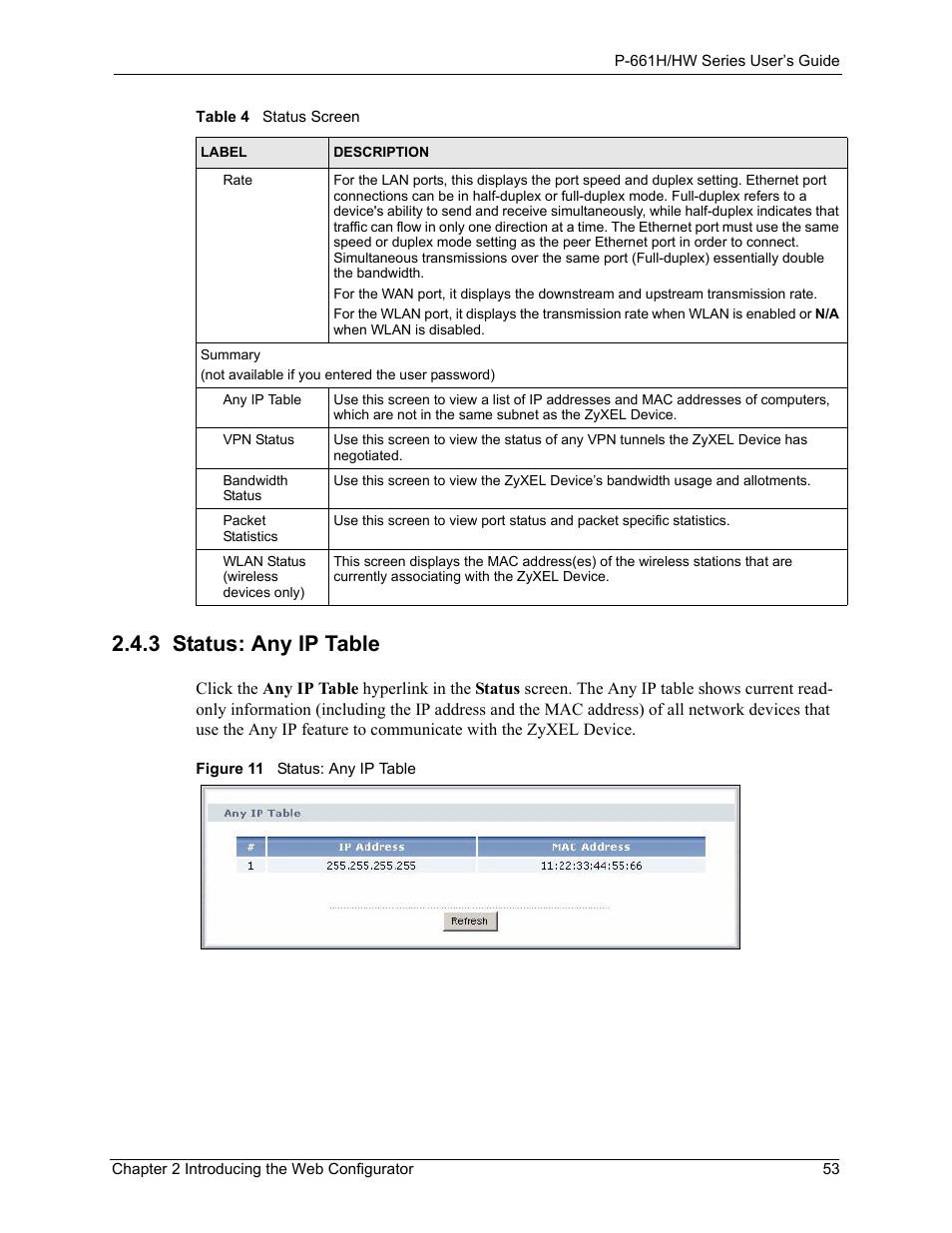 3 status: any ip table, Figure 11 status: any ip table | ZyXEL Communications P-661H Series User Manual | Page 53 / 383
