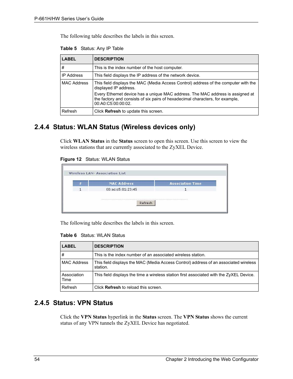 4 status: wlan status (wireless devices only), 5 status: vpn status, Figure 12 status: wlan status | ZyXEL Communications P-661H Series User Manual | Page 54 / 383