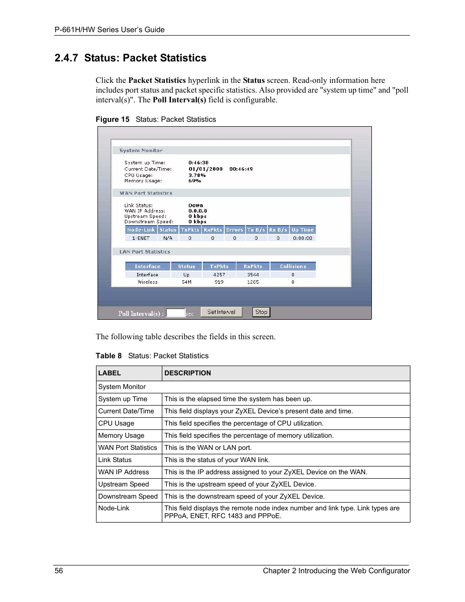 7 status: packet statistics, Figure 15 status: packet statistics, Table 8 status: packet statistics | ZyXEL Communications P-661H Series User Manual | Page 56 / 383