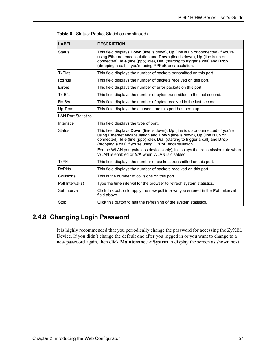 8 changing login password | ZyXEL Communications P-661H Series User Manual | Page 57 / 383