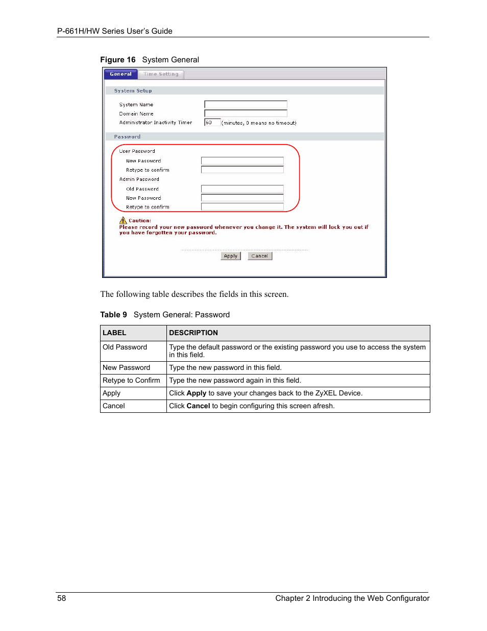 Figure 16 system general, Table 9 system general: password | ZyXEL Communications P-661H Series User Manual | Page 58 / 383